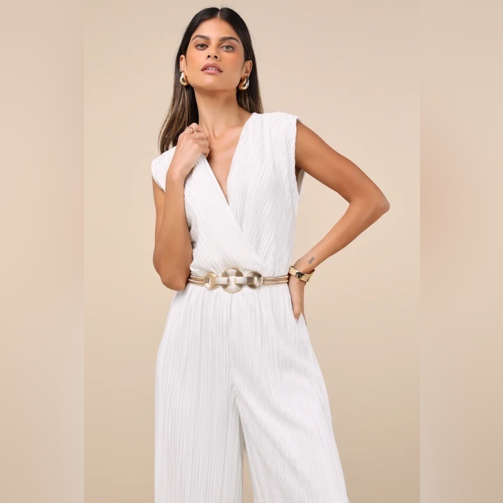 Lulus Firenze White Plisse Surplice Sleeveless Wide-Leg Jumpsuit - Picture 3 of 7